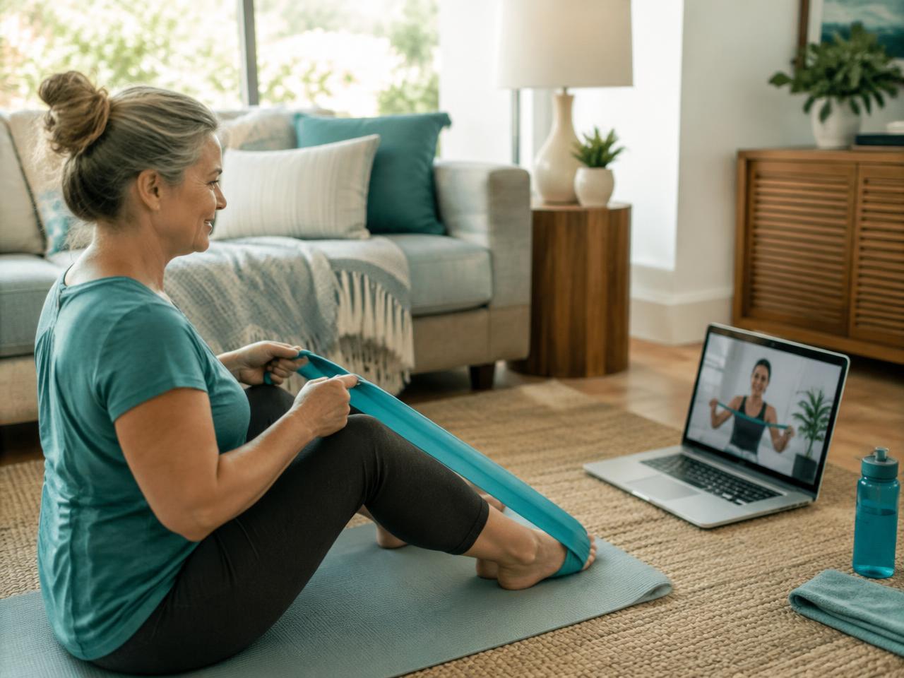 Patient exercising at home with a virtual coach